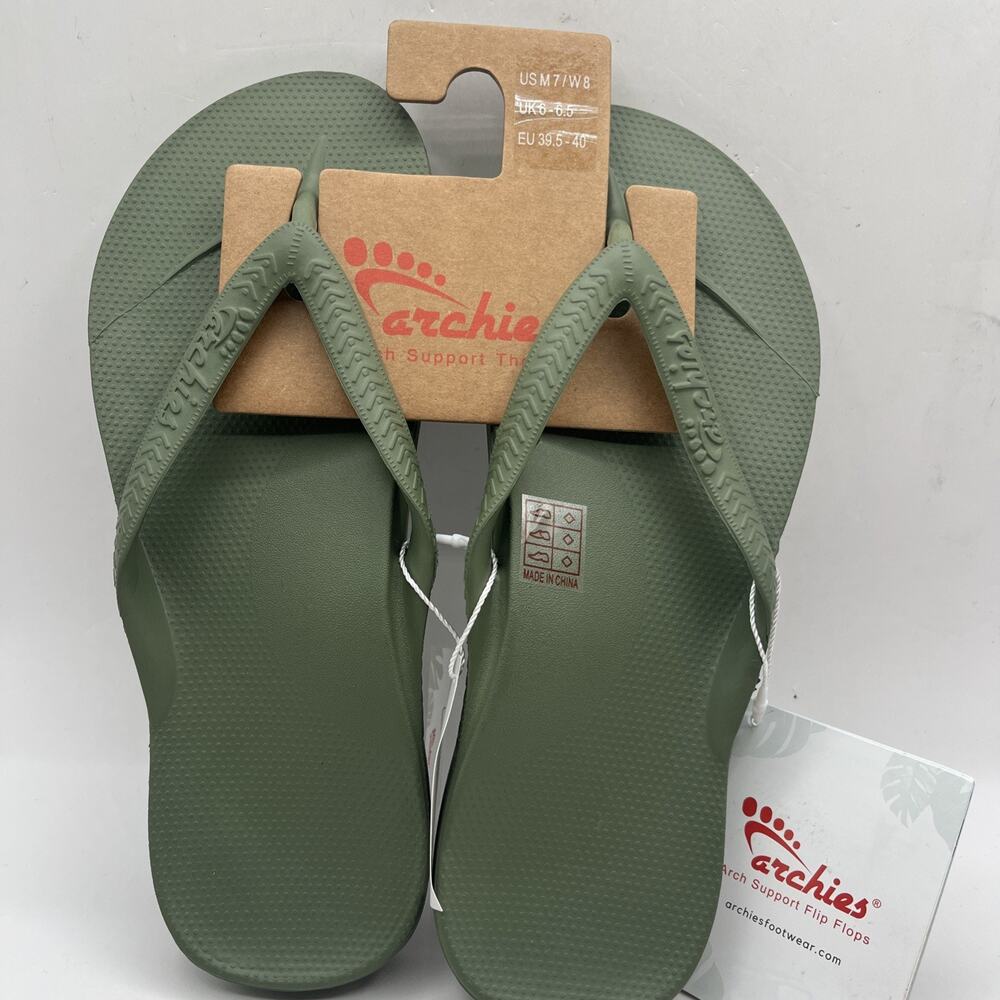 Archies Flip Flops Sandals Unisex Olive Green Arch Support Sz US M 7 W 8 NWT